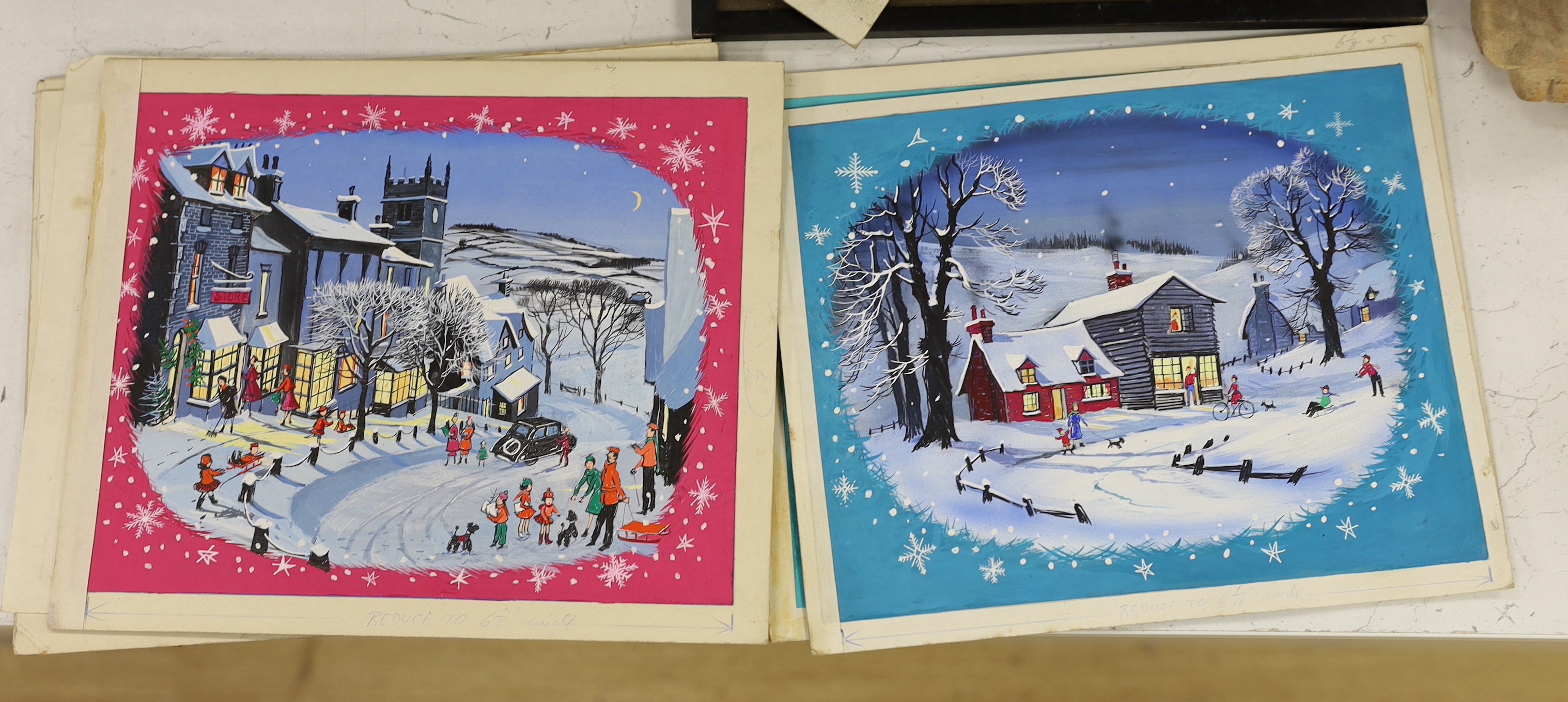 Veronica Venus, eight gouache, original vintage 1950's Christmas card designs, 18 x 22cm, unframed